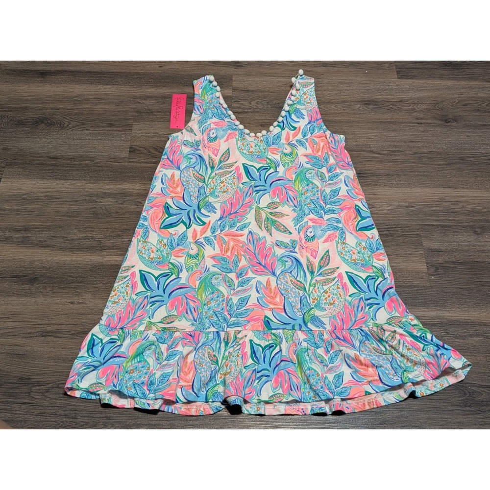 Lilly Pulitzer Camilla Dress Resort White Toucan Do It Better Pom Pom V-Neck M